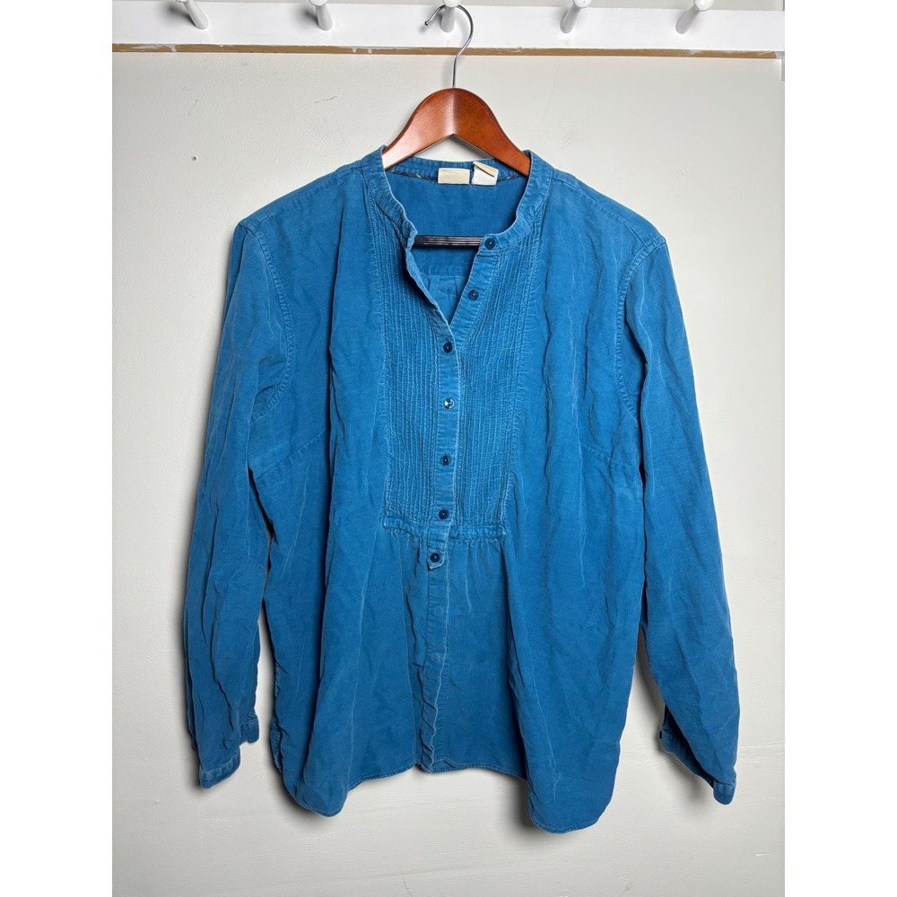L.L.Bean Blue Corduroy Pintuck Blouse Womens XL Button Front